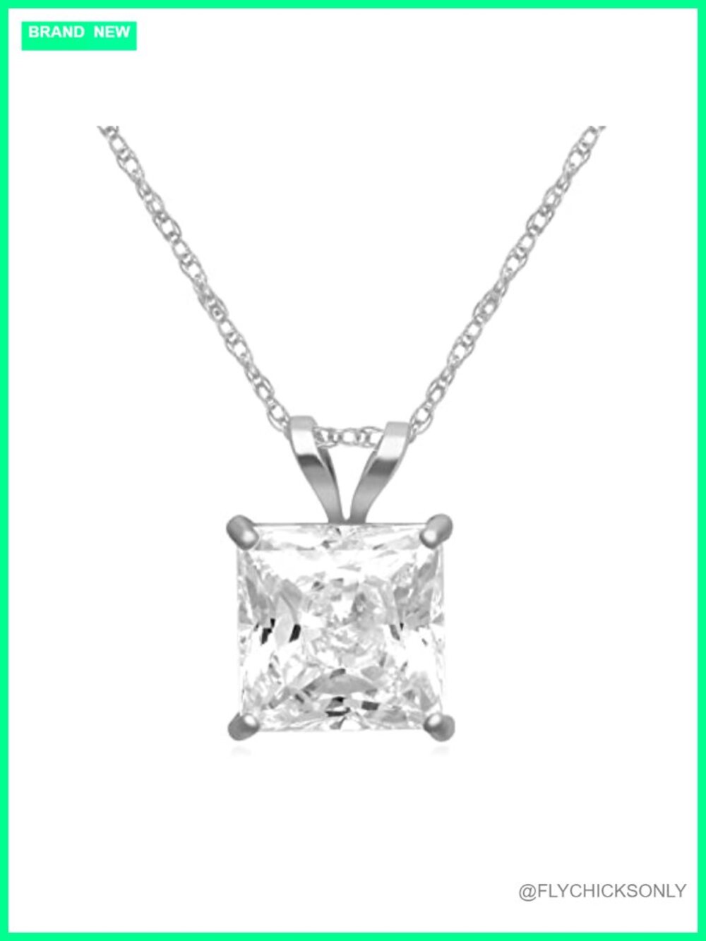 10K White Gold Princess Cut CZ Pendant Necklace 18" Rope Chain Women Fine